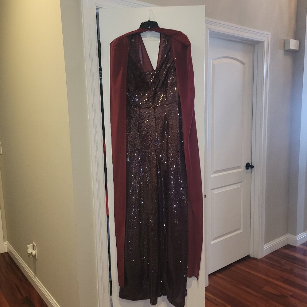 Wine color sequin, wide leg jumper, with custom cape on back. UK size 10 - 6